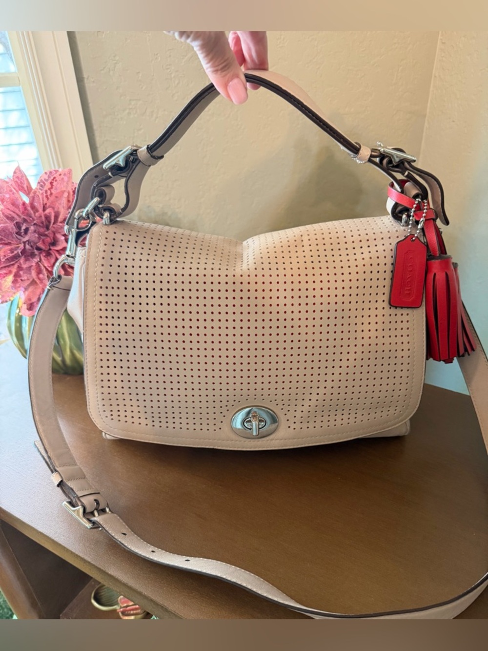 Coach Beige Perforated Leather Shoulder Bag with Red Tassels